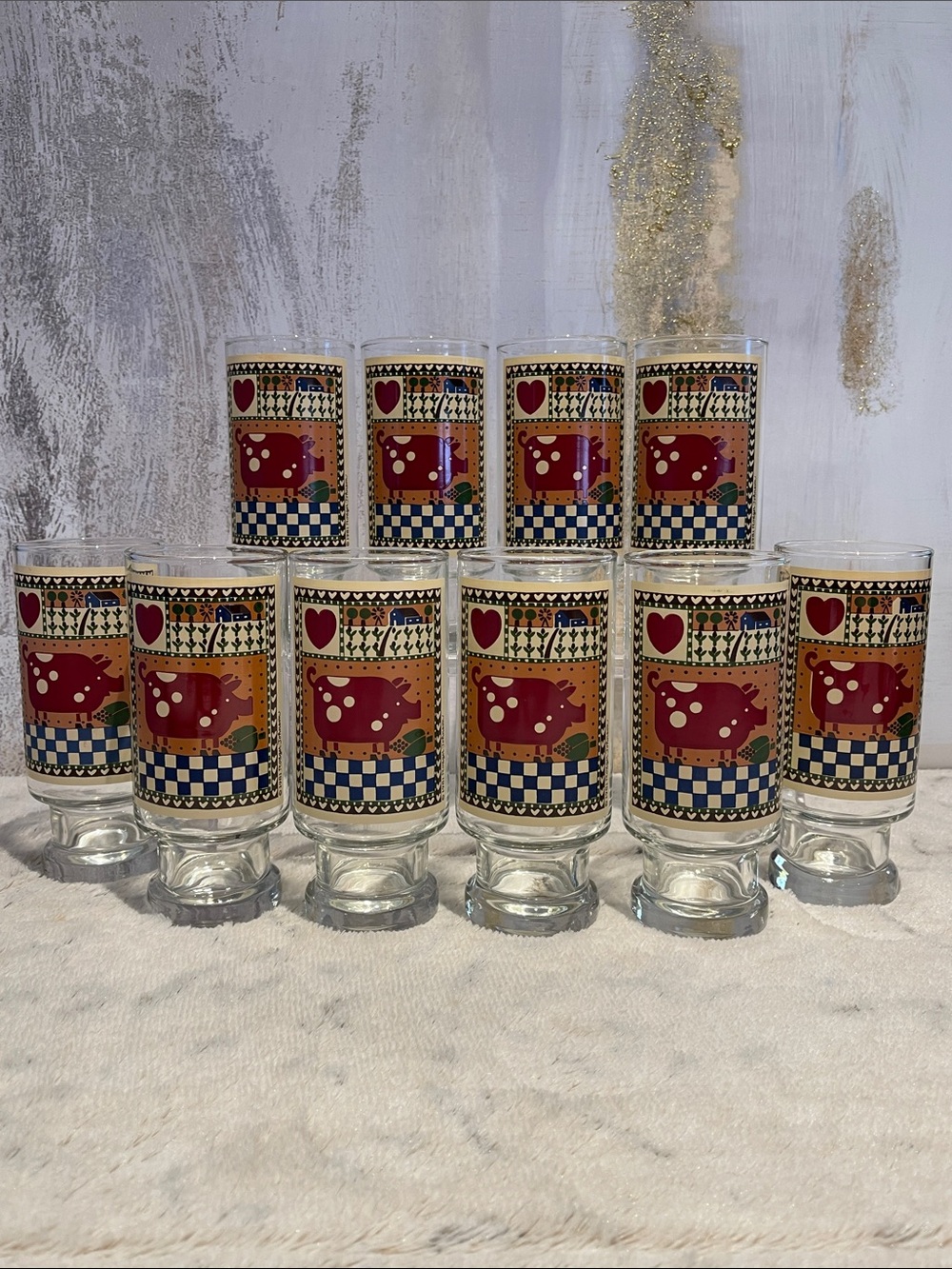 Anchor Hocking “Farm Life” pedestal glass from 1981 featuring country style.
